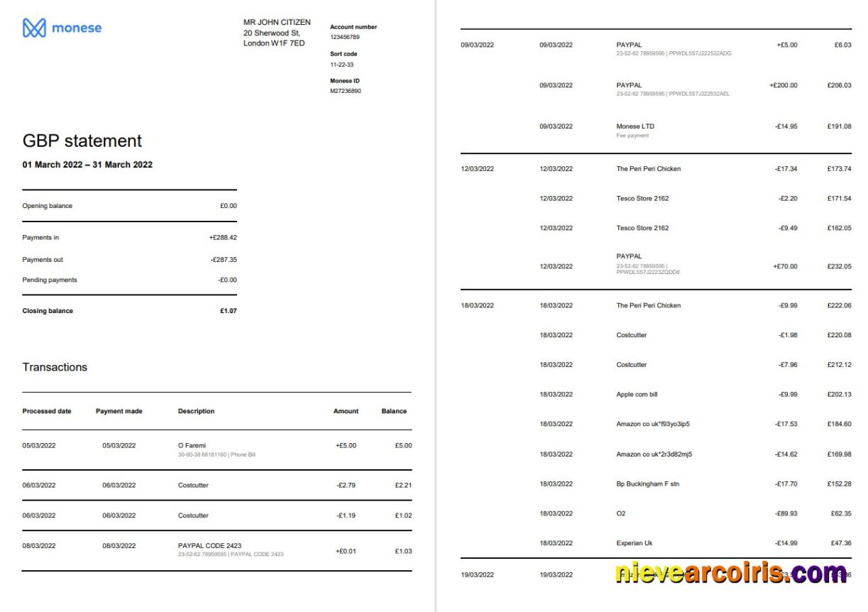 United Kingdom Monese bank statement Word and PDF, 3 pages